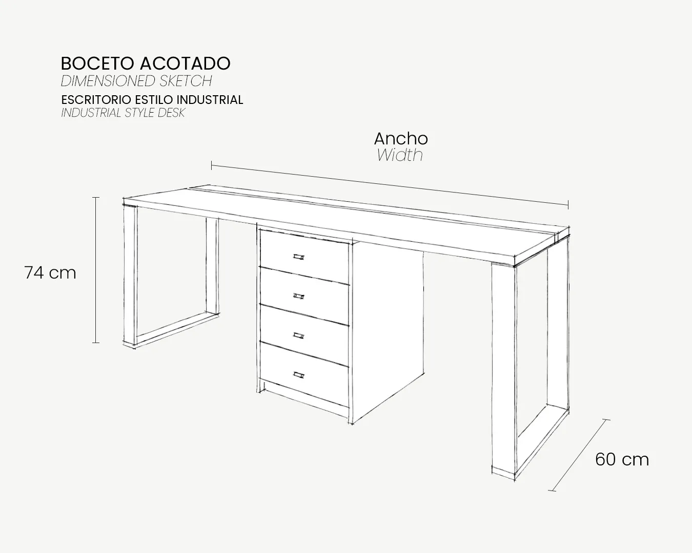 04_Boceto Acotado_Escritorio industrial doble_74cm