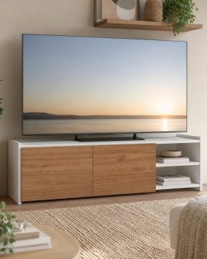 Mueble televisor blanco y madera LEEDS