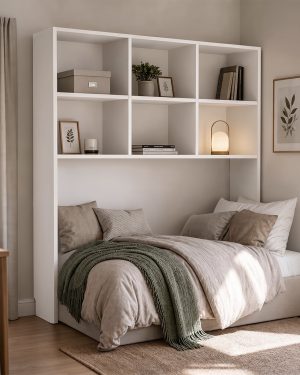 Estantería sobre la cama a medida
